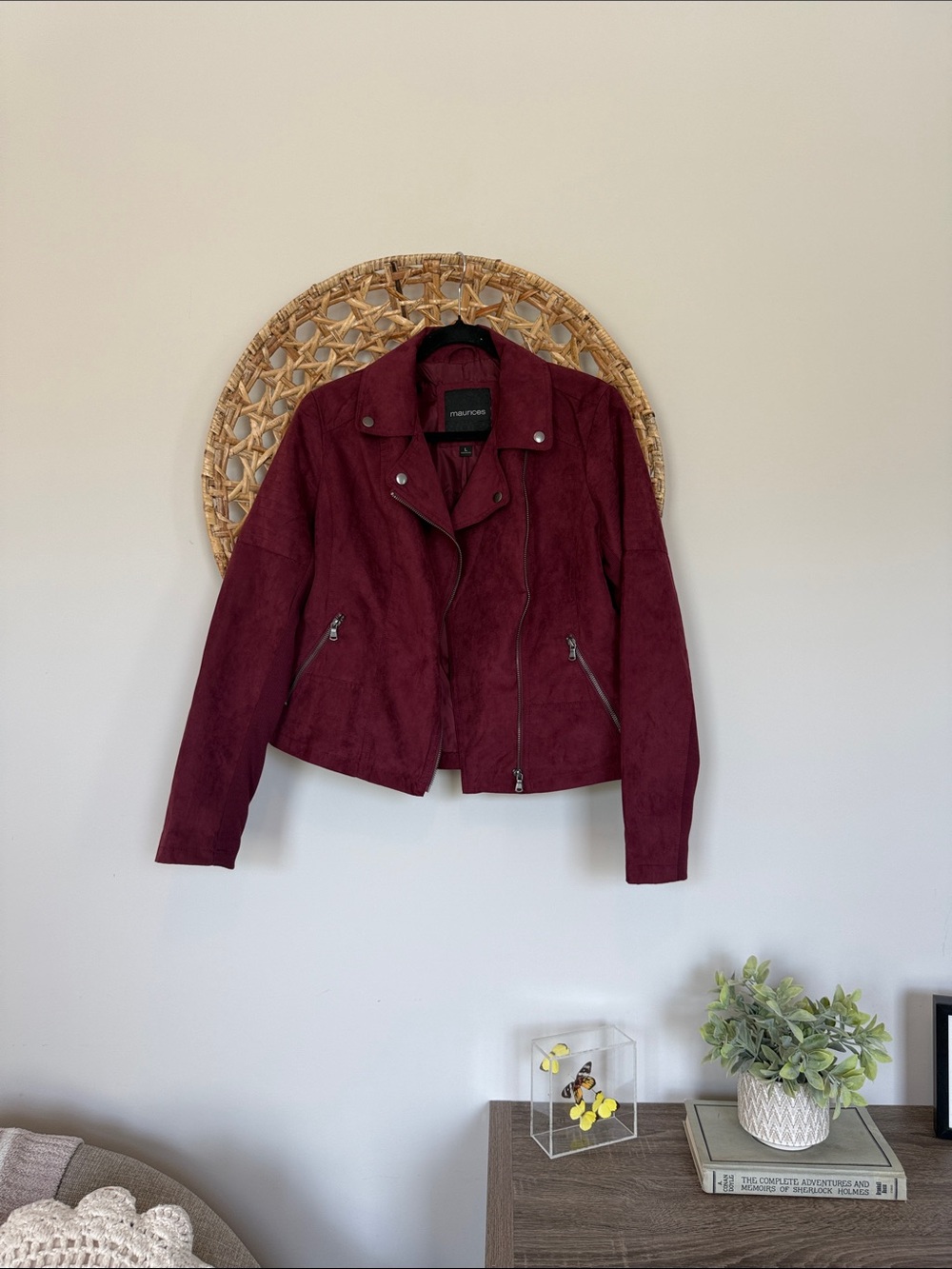 Maurices Burgundy Faux Suede Moto Jacket With Silver Hardware.